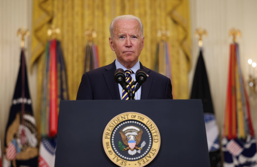 US President Joe Biden points a finger as he delivers remarks on the administration's continued drawdown efforts in Afghanistan in a speech from the East Room at the White House in Washington US, July 8, 2021. (credit: EVELYN HOCKSTEIN/REUTERS)