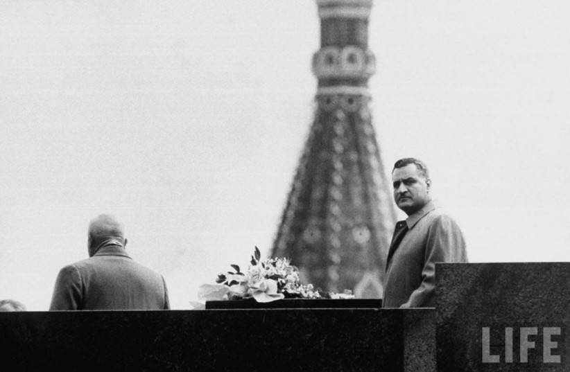 EGYPTIAN PRESIDENT Gamal Abdel Nasser (right) with Soviet premier Nikita Khrushchev, on his first visit to Moscow, 1958. (Zeinab Mohamed/Flickr) (credit: ZEINAB MOHAMED/FLICKR)