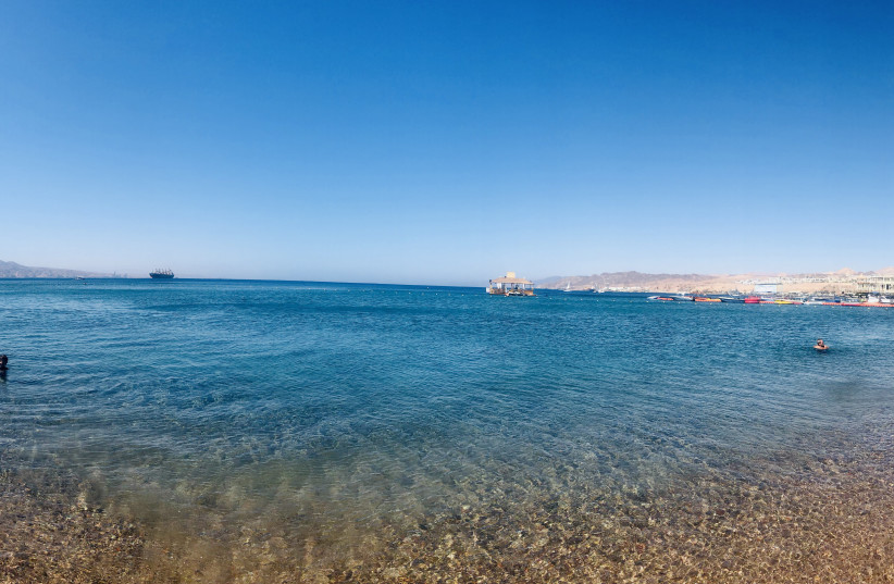 A panoramic view from the Dan Eilat Hotel beachfront showing the clear waters of the Red Sea. (credit: DANIELA GLEISER)