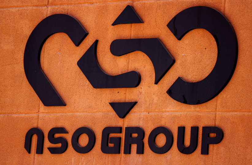 The logo of Israeli cyber firm NSO Group is seen at one of its branches in the Arava Desert, southern Israel July 22, 2021. (photo credit: REUTERS/AMIR COHEN)