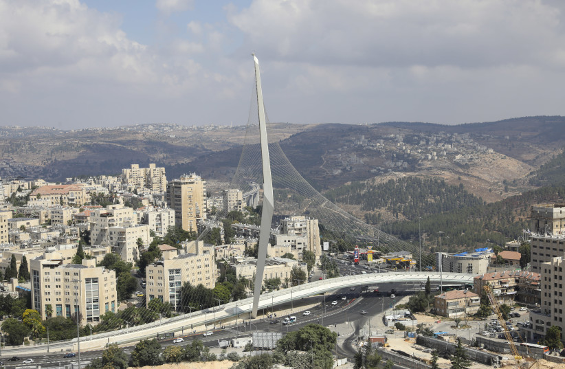 AERIAL VIEW of Jerusalem's Chord Bridge, August 3, 2021 (credit: MARC ISRAEL SELLEM)