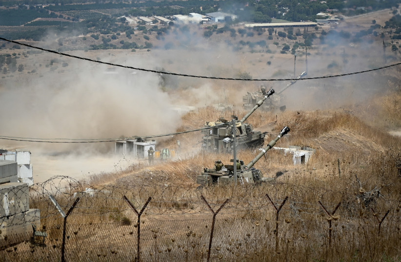  Israeli patriot missiles intercept rockets fired from Hizballah in Lebanon into the Golan heights, northern Israel and Israeli artillery forces retaliate fire towards them.  August 2021.  (credit: MICHAL GILADI/MEDIA LINE)
