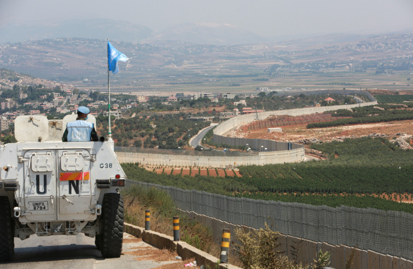  A UN peacekeepers (UNIFIL) vehicle drives in Adaisseh village, near the Lebanese-Israeli border, southern Lebanon, August 6, 2021.  (credit: REUTERS/AZIZ TAHER)