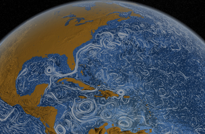 A still image showing the Gulf Stream around North America taken from Perpetual Ocean, a visualization of some of the world's surface ocean currents from June 2005 through December 2007, supplied in this handout photo by NASA March 27, 2012.  (credit: REUTERS/HANDOUT/NASA)
