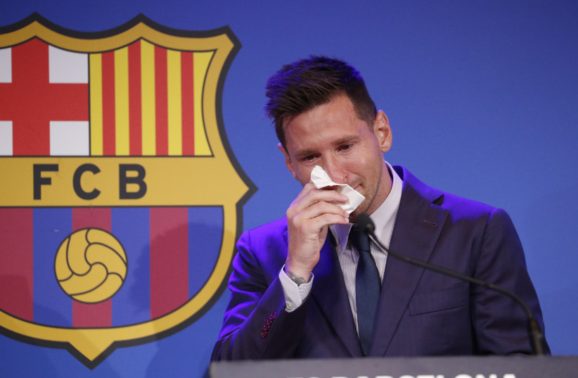   Soccer Football - Lionel Messi holds an FC Barcelona press conference - 1899 Auditorium, Camp Nou, Barcelona, Spain - August 8, 2021. (credit: REUTERS/ALBERT GEA)