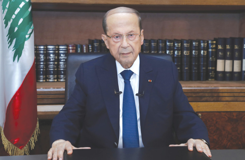 LEBANESE PRESIDENT Michel Aoun addresses the media on the eve of the anniversary of Beirut port explosion last week. (credit: DALATI NOHRA / REUTERS)