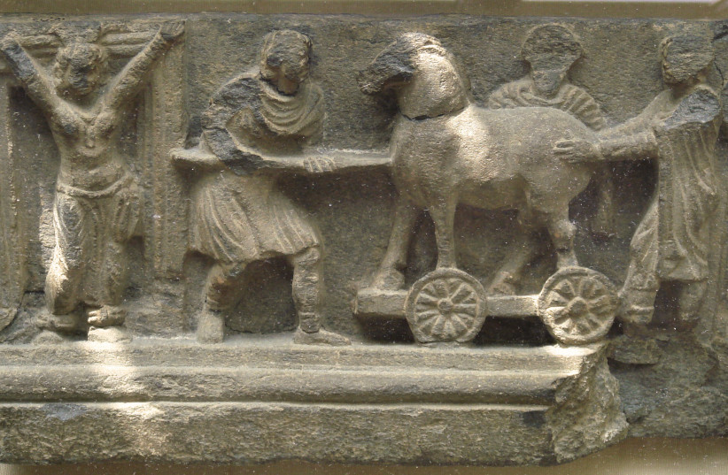Depiction of the story of the Trojan horse in the art of Gandhara. British Museum.  (photo credit: Wikimedia Commons)