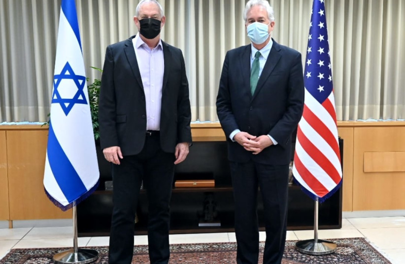  CIA director William Burns meeting with Defense Minister Benny Gantz, August 11, 2021.  (credit: DEFENSE MINISTRY)