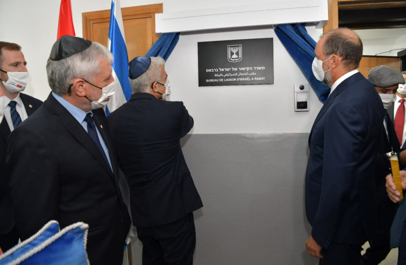 Foreign Minister Yair Lapid is seen inaugurating the Israeli Liaison Office in Morocco, on August 12, 2021. (credit: SHLOMI AMSALEM/GPO)