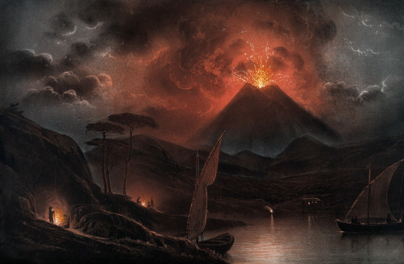  A volcano, possibly Mount Etna, is seen erupting in ancient times in this artistic reimagining (illustrative). (credit: Wikimedia Commons)