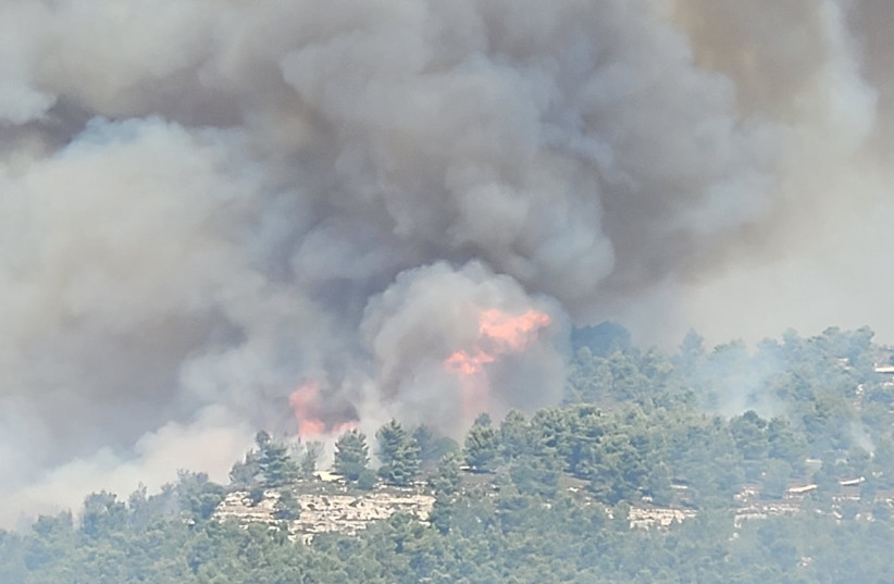 Massive blaze continues for second day near Har Eitan, east of Jerusalem, August 16, 2021 (credit: ARIEL KEDEM / ISRAEL NATURE AND PARKS AUTHORITY)