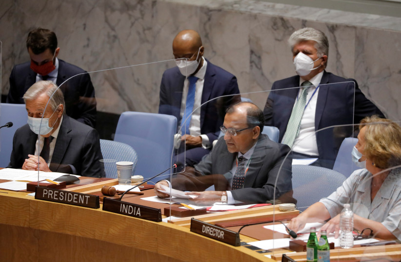  Indian ambassador T. S. Tirumurti addresses the United Nations Security Council regarding the situation in Afghanistan at the United Nations in New York City, New York, US, August 16, 2021.  (credit: ANDREW KELLY / REUTERS)