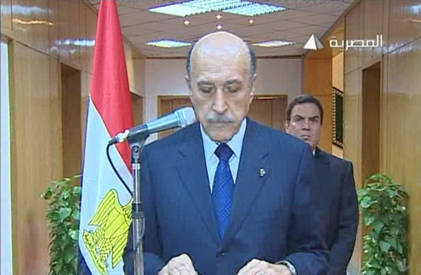  MAJ.-GEN. Omar Suleiman addresses Egypt on TV in 2011. (credit: Egyptian State TV via Reuters)