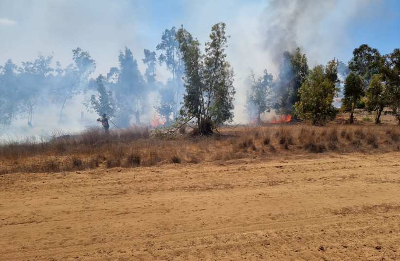 Fire raging at Kissufim forest, near the Gaza border on August 23, 2021. (photo credit: MOSHE BARUCHI - KKL-JNF)