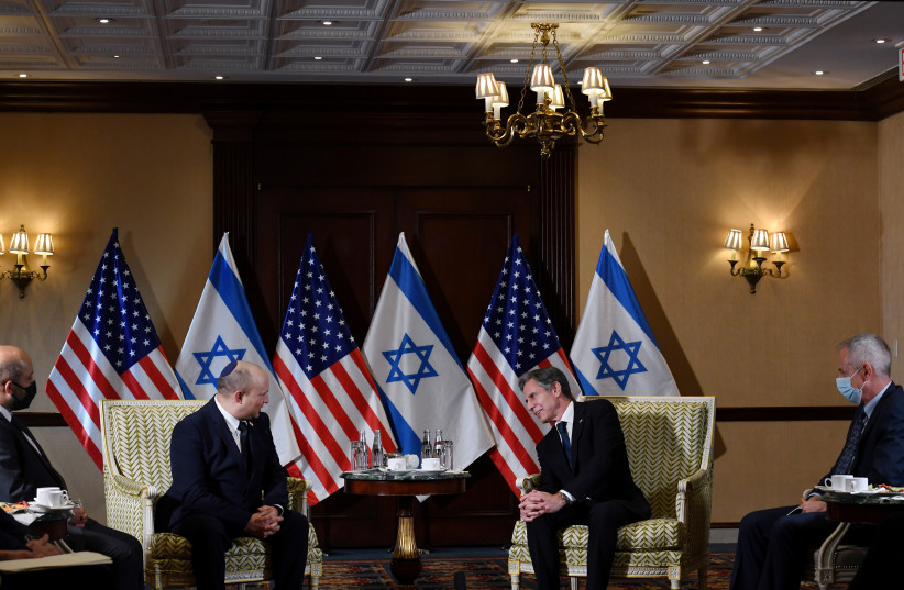 US Secretary of State Antony Blinken meets with Israeli Prime Minister Naftali Bennett at the Willard Hotel in Washington. (credit: REUTERS)