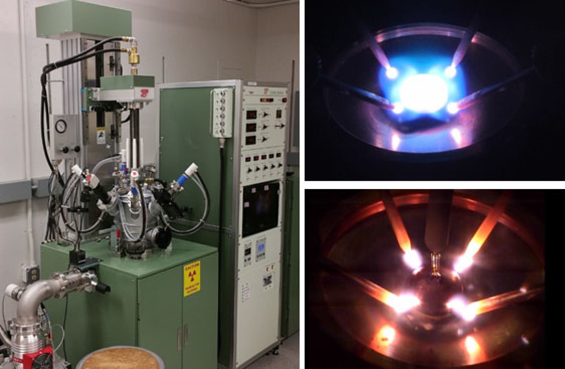 QUANTUM MATERIALS synthesis using a ‘tetra-arc’ Czochralski furnace (left), capable of reaching nearly 3000 degrees C and growing single-crystal samples several cm in length. Shown two examples of a melted specimen (top right) and the pulling process (bottom right) that produces single crystals. (credit: S.R. Saha/Maryland Quantum Materials Center)