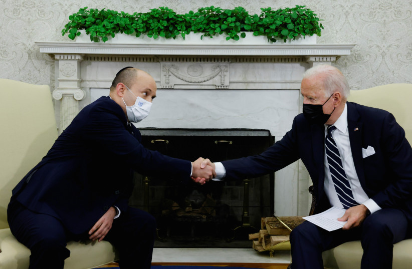  US President Biden welcomes Israel's Prime Minister Bennett, in Washington (photo credit: REUTERS/JONATHAN ERNST)