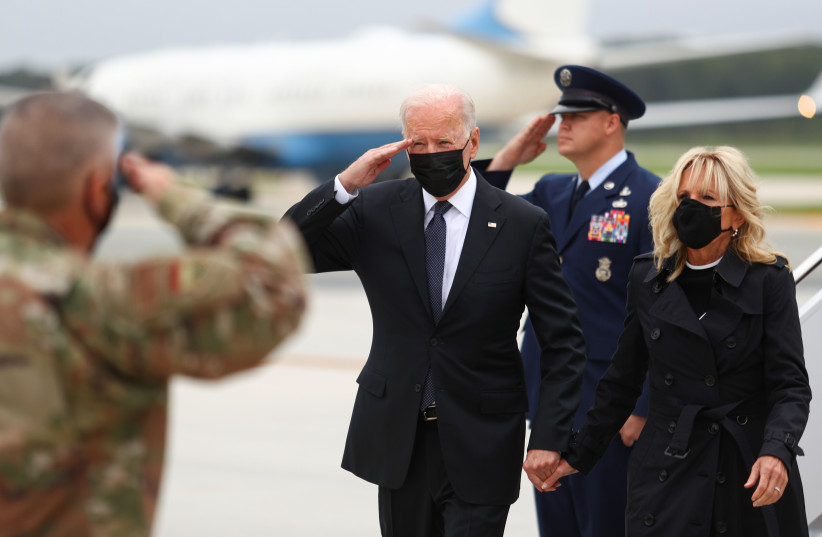 US President Joe Biden and first lady Jill Biden arrive at Dover Air Force Base in Dover, Delaware, US, August 29, 2021 (credit: REUTERS/TOM BRENNER)