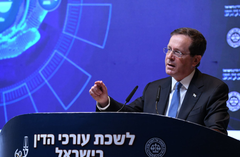  President Isaac Herzog is seen speaking at the Israel Bar Association, on September 2, 2021. (photo credit: SPOKESPERSON FOR THE BAR ASSOCIATION)