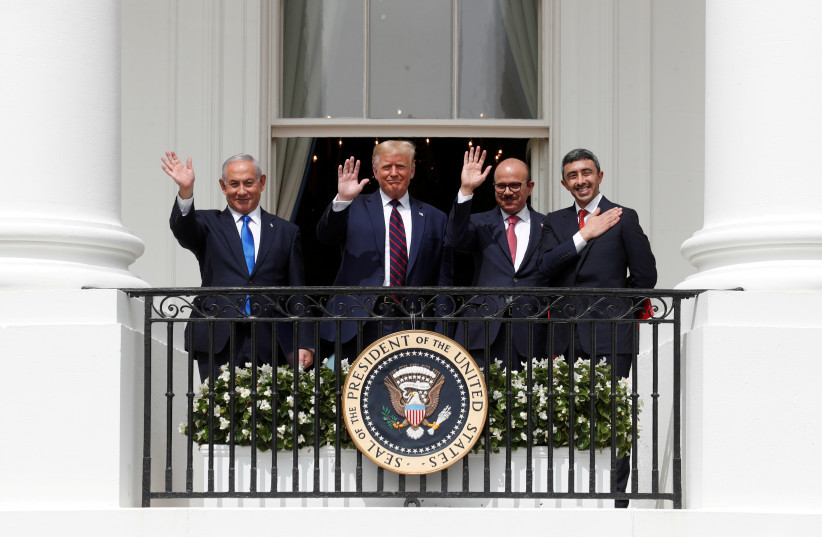  (FROM LEFT) Prime minister Benjamin Netanyahu, US president Donald Trump, Bahrain’s Foreign Minister Abdullatif Al Zayani and the UAE’s bin Zayed at the White House after the Abraham Accords signing, September 15, 2020. (credit: REUTERS/TOM BRENNER/FILE PHOTO)