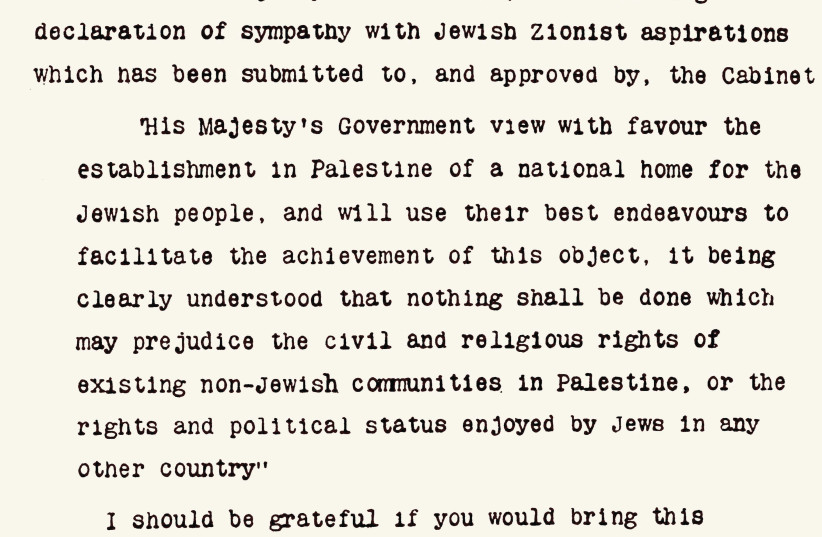  The original letter from Foreign Secretary Arthur Balfour to Lord Rothschild on display at the British Library (credit: Wikimedia Commons)