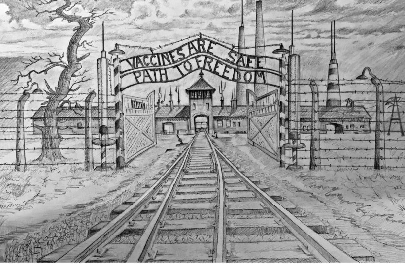  PIERS CORBYN, brother of the notorious Jeremy, devised an anti-vaxxer poster based on the Auschwitz gate inscription ‘Arbeit Macht Frei.’  (credit: CST report ‘Coronavirus and the Plague of Antisemitism’)