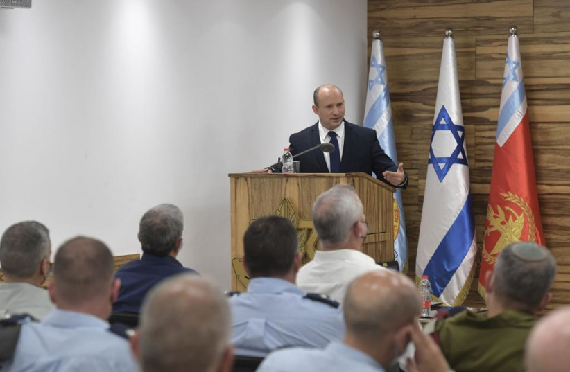  Naftali Bennett speaking at the IDF General Staff Forum on September 1, 2021. (credit: KOBI GIDEON/GPO)