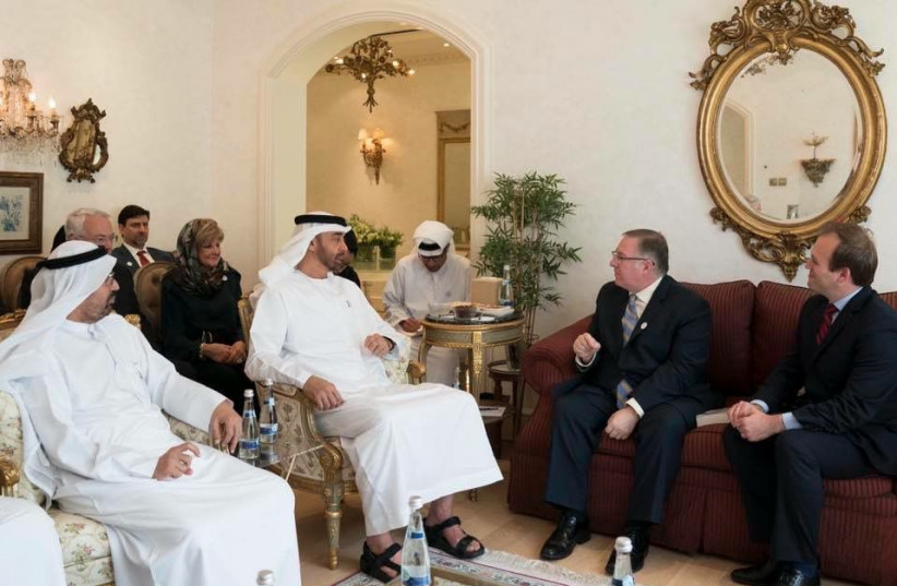  Joel Rosenberg (center) meeting with Meeting with UAE Crown Prince MBZ in the royal palace in Abu Dhabi in October 2018. (credit: Courtesy)