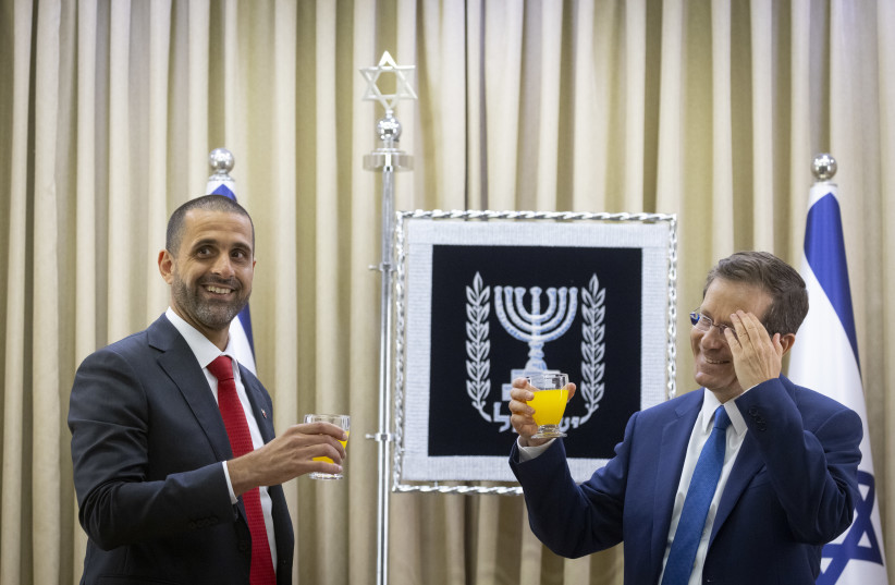  The first ambassador of Bahrain to the State of Israel Khalid Yusuf Al-Jalahma with Israeli president Isaac Herzog during a ceremony for new ambassadors at the President's residence in Jerusalem, September 14, 2021.  (credit: OLIVIER FITOUSSI/FLASH90)