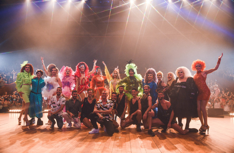  Israeli drag queens pose in front of a full Tell Aviv Culture Hall after opening for Bianca Del Rio (credit: ERAN LEVI)
