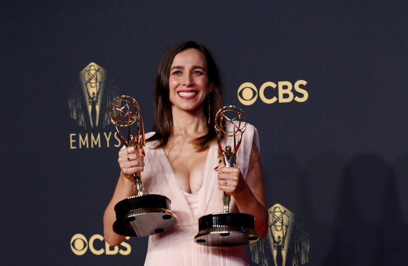  Lucia Aniello poses with her awards for outstanding directing and writing for a comedy series, for ''Hacks'', at the 73rd Primetime Emmy Awards in Los Angeles, US, September 19, 2021 (credit: REUTERS/MARIO ANZUONI)