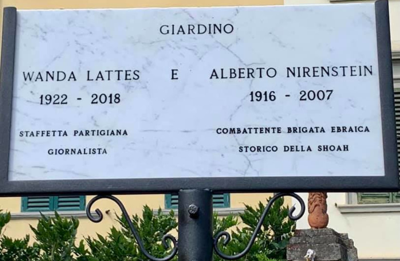  A plaque honoring Wanda Lattes and Alberto Nirenstein in the park named after them in central Florence. (credit: ABIGAIL KATZ)