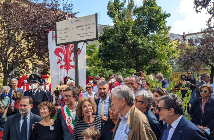 The dedication ceremony of a park in central Florence named after Jewish couple Wanda Lattes and Albert (Aaron) Nirenstein on September 20, 2021. (credit: ABIGAIL KATZ)