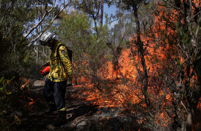  A firefighter is seen as New South Wales Rural Fire Service personnel conduct a controlled burn to eliminate fuels before the upcoming bushfire season in the Arcadia suburb of Sydney, Australia, September 8, 2020. (credit: REUTERS/LOREN ELLIOTT)