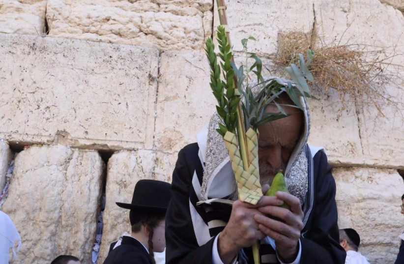  A MAN blesses the Arba Minim or Four Species, carrying a lulav, etrog, aravot and hadassim during the Birkat Kohanim Priestly Blessing at the Western Wall at Hol Hamoed Sukkot, September 2021. (photo credit: MARC ISRAEL SELLEM/THE JERUSALEM POST)