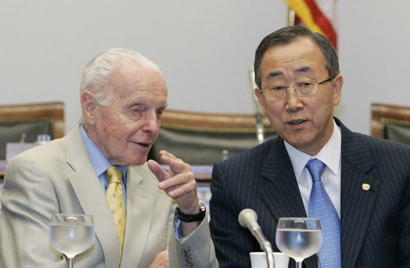 US THEN-SENATOR Tom Lantos (pictured with UN secretary general Ban Ki-Moon, 2007) was an official American delegate of the conference. (credit: LARRY DOWNING/REUTERS)