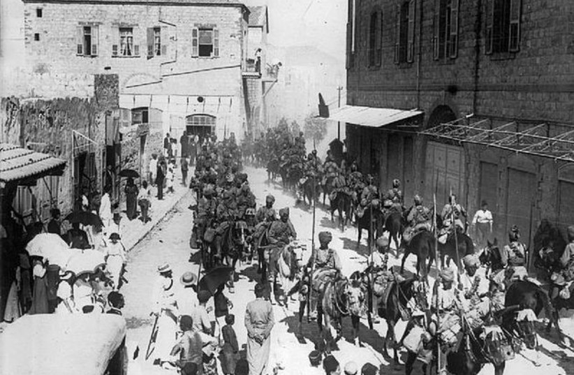  Indian lancers are seen in Haifa after taking the city in the 1918 Battle of Haifa. (photo credit: Wikimedia Commons)