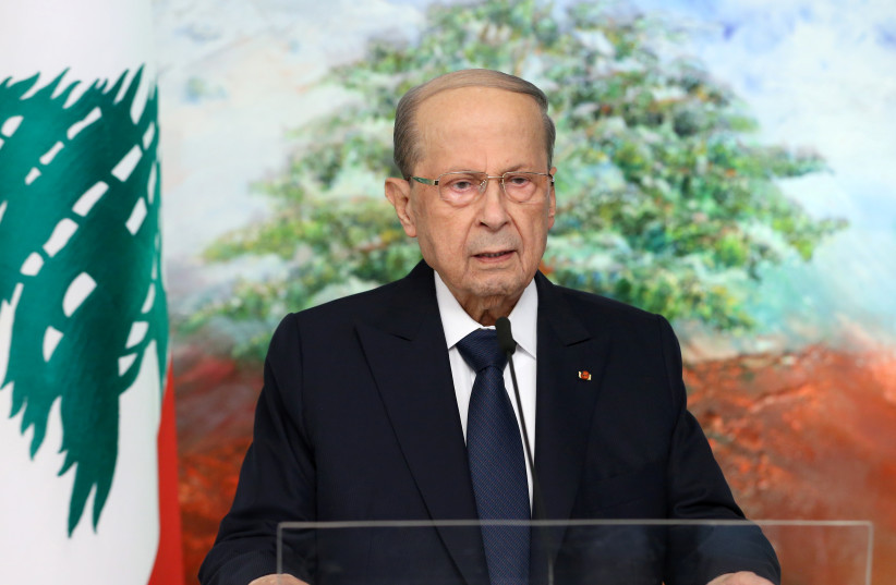  Lebanon's President Michel Aoun is seen in this handout picture released by Dalati Nohra on September 24, 2021, while addressing the United Nations General Assembly via a recorded video message, in Baabda, Lebanon. (photo credit: DALATI NOHRA/HANDOUT VIA REUTERS)