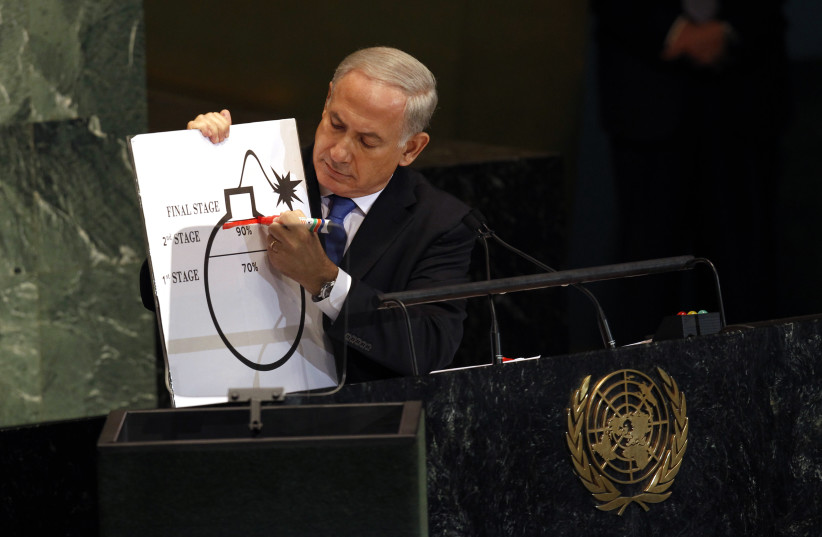 Former prime minister Benjamin Netanyahu draws a red line on an illustration describing Iran's ability to create a nuclear weapon as he addresses the 67th United Nations General Assembly at the U.N. Headquarters in New York, September 27, 2012.  (photo credit: REUTERS/KEITH BEDFORD)