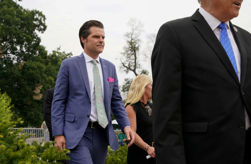  U.S. Rep. Matt Gaetz (R-FL) leaves after a news conference outside the US Capitol in Washington, US, July 29, 2021 (photo credit: REUTERS)