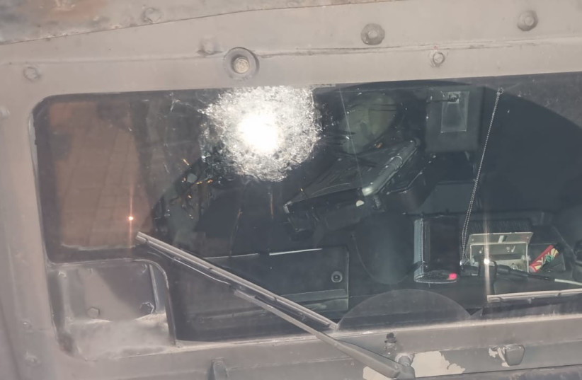  Damage caused to a Border Police vehicle during clashes in Nablus (photo credit: ISRAEL POLICE)