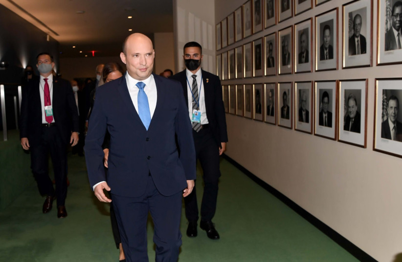  Prime Minister Naftali Bennett arrives ahead of his speech at the UN General Assembly, September 27, 2021 (photo credit: AVI OHAYON - GPO)