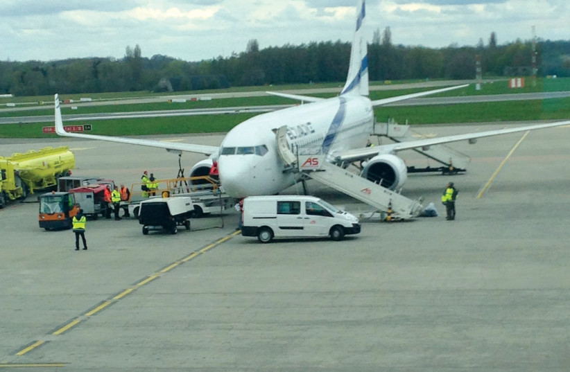  An El Al plane, diverted to Liege, Belgium following the Brussels Airport attack in 2016. (photo credit: ROBERT HERSOWITZ)