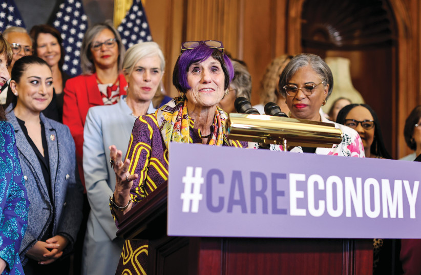  US House Appropriations Committee Chair Rosa DeLauro (D-CT) stands with members of the Democratic Women’s Caucus (DWC) during a press event on the care economy at the US Capitol in Washington on July 1, 2021. (photo credit: JONATHAN ERNST / REUTERS)