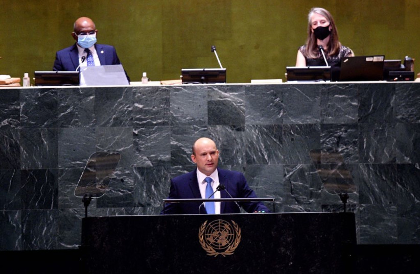   Naftali Bennett at the UN General Assembly, September 27, 2021 (credit: AVI OHAYON - GPO)