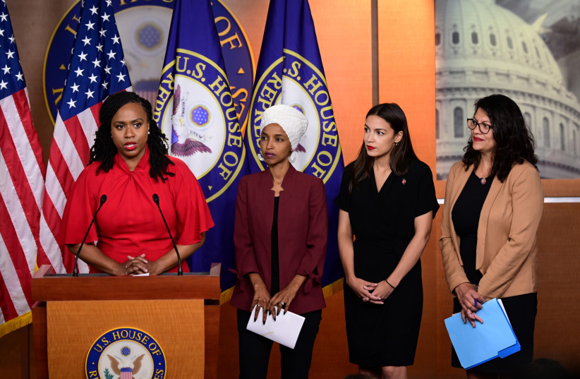  US Reps Ayanna Pressley (D-MA), Ilhan Omar (D-MN), Alexandria Ocasio-Cortez (D-NY) and Rashida Tlaib (D-MI) hold a news conference after Democrats in the U.S. Congress moved to formally condemn President Donald Trump's attacks on the four minority congresswomen on Capitol Hill in Washington, US (photo credit: ERIN SCOTT/REUTERS)