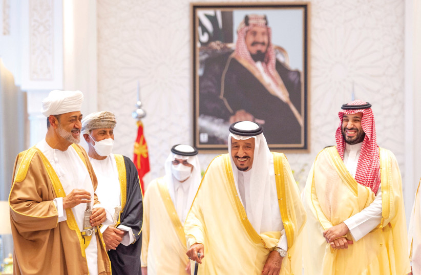  Saudi King Salman bin Abdulaziz receives Oman’s Sultan Haitham bin Tariq at the Royal Palace in Neom on July 11.  (photo credit: BANDAR ALGALOUD / SAUDI ROYAL COURT / REUTERS)