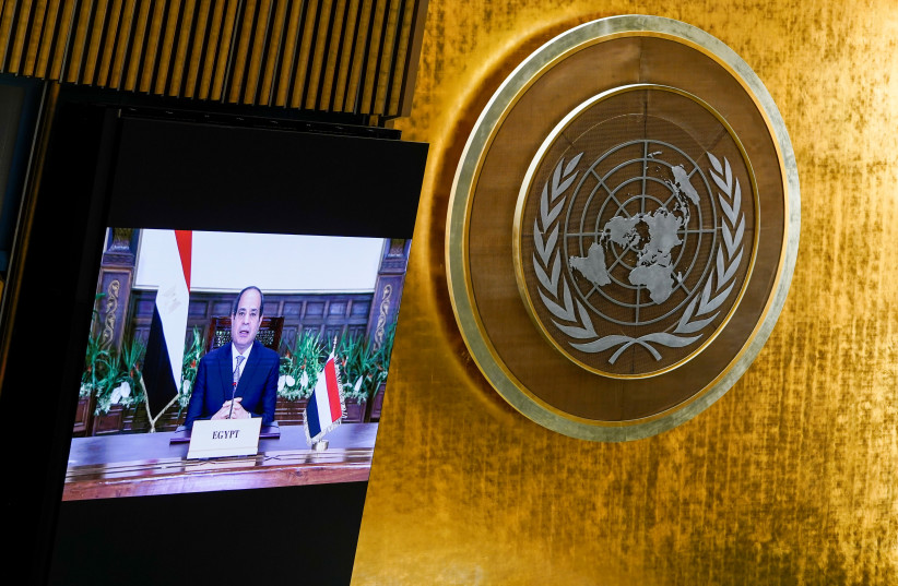 EGYPTIAN PRESIDENT Sisi speaks remotely during the 76th Session of the General Assembly at UN headquarters, New York, September 21.  (photo credit: (MARY ALTAFFER /POOL VIA REUTERS))