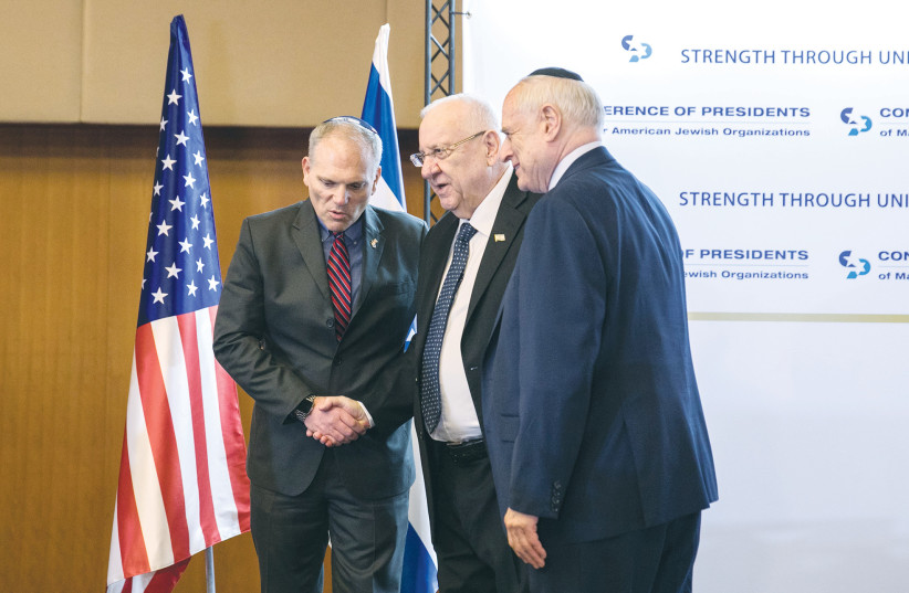 THEN-ISRAELI president Reuven Rivlin is seen at the Conference of Presidents of Major American Jewish Organizations in Jerusalem last year.  (photo credit: OLIVIER FITOUSSI/FLASH90)