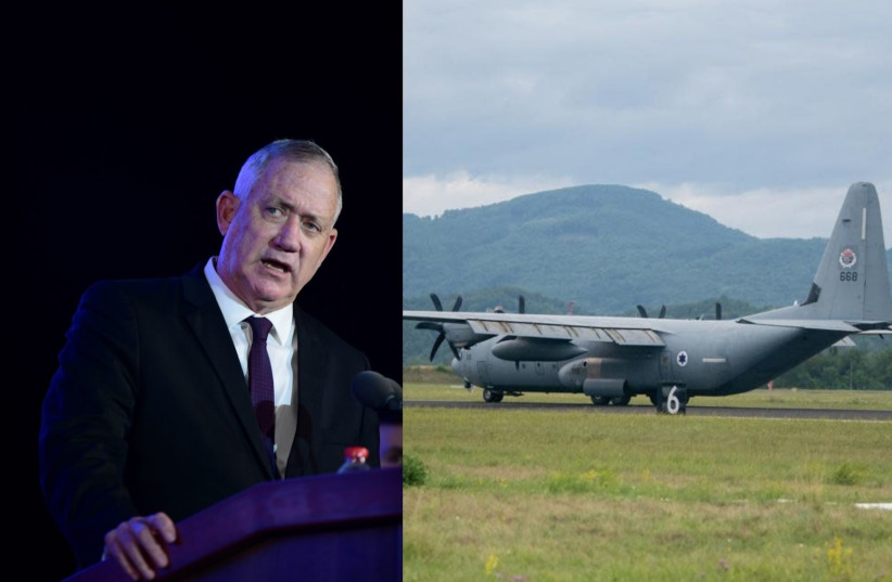  Israeli minister of Defense Benny Gantz during a graduation ceremony at the National Security College in Glilot, central Israel, July 14, 2021. The C-130J Super Hercules used to carry the paratroopers. (photo credit: IDF SPOKESMAN’S UNIT, TOMER NEUBERG/FLASH90)